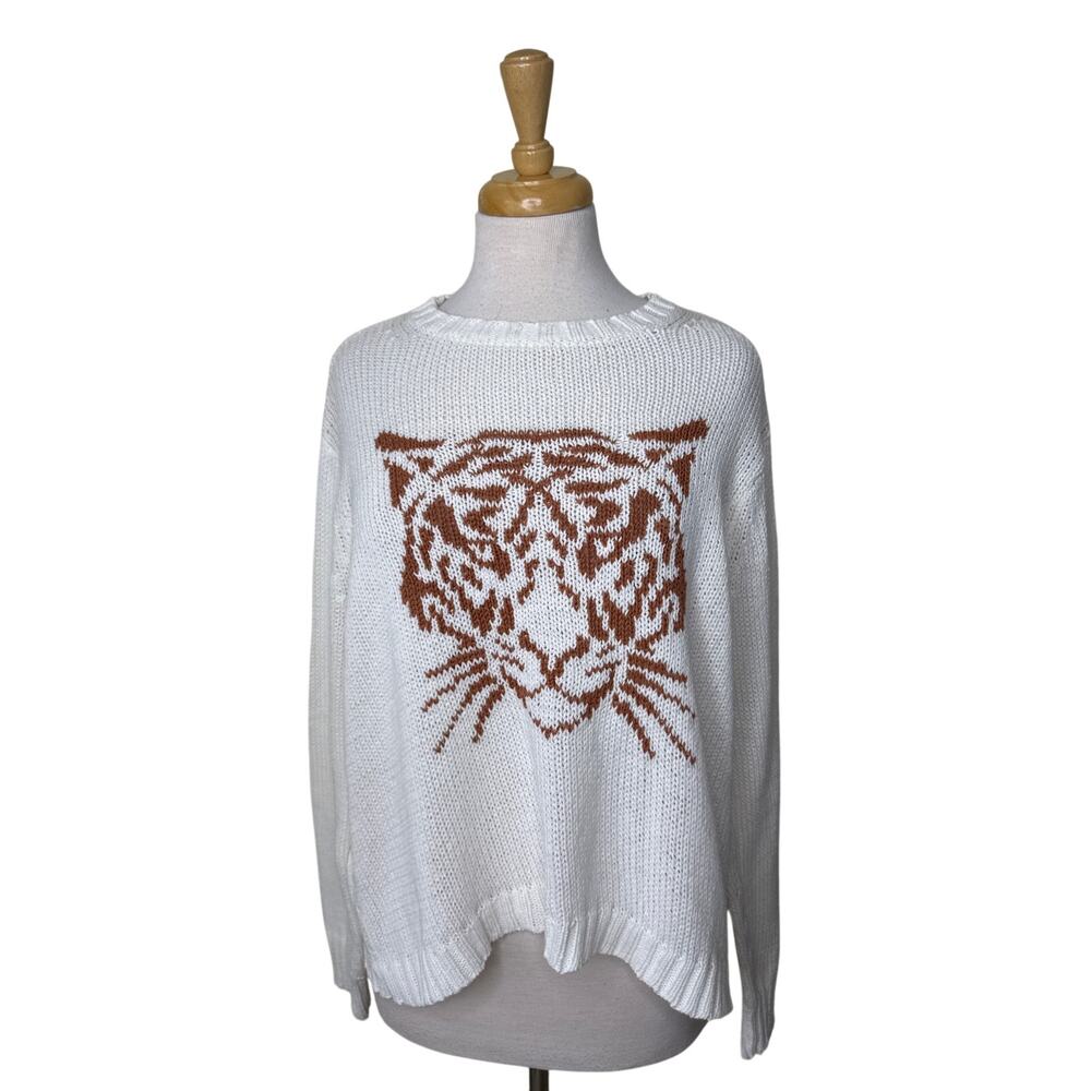 WOODEN SHIPS Brown Tiger Head Crewneck Lightweight Sweater White Size M/L